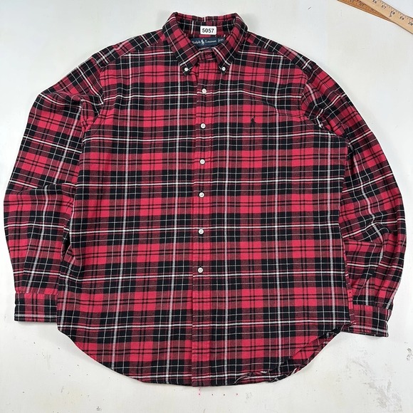 VTG Y2K Polo Ralph Lauren Buffalo Plaid Flannel Shirt Men XL Red Rare Pony Logo - Picture 2 of 14